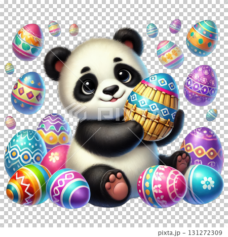 A cute panda holding a colorful Easter egg surrounded by decorated eggs. 131272309