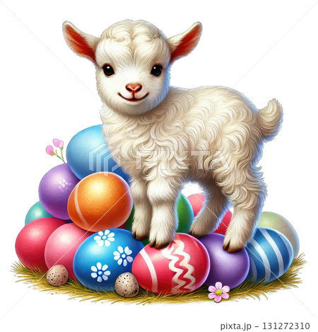 A playful lamb standing on colorful Easter eggs in a vibrant spring setting. 131272310