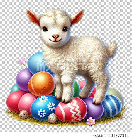 A playful lamb standing on colorful Easter eggs in a vibrant spring setting. 131272310