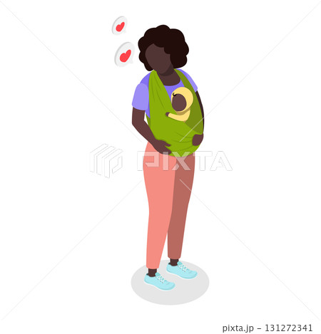 3D Isometric Flat Vector Illustration of Mothers Caring Childs in Baby Sling, Motherhood and Parenting. Item 1 131272341