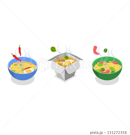 3D Isometric Flat Vector Set of Ramen Bowls, Chinese And Japanese Noodles. Item 1 131272358