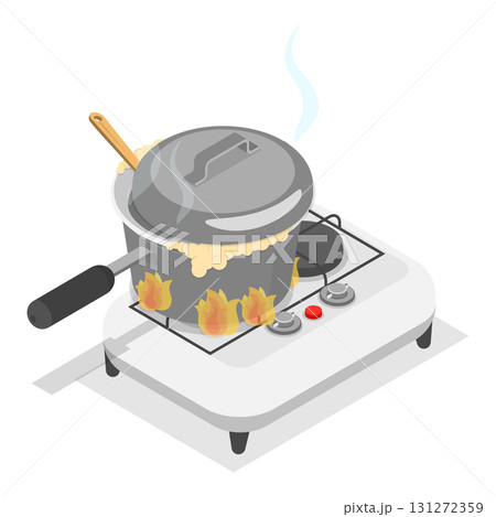 3D Isometric Flat Vector Set of Field Kitchen Elements, Cooking Food On Camp Stoves. Item 1 131272359