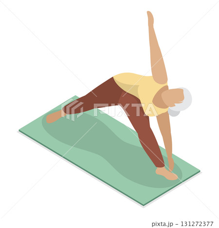 3D Isometric Flat Vector Illustration of Elderly Various Exercises, Active Seniors Engaging In Stretching, Cardio, Yoga, Pilates. Item 4 131272377