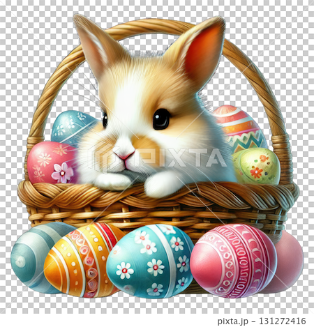 Cute bunny with colorful Easter eggs in a woven basket, white isolated background. 131272416