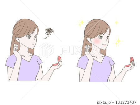 コンパクトミラーでメイクをする女性のイラストセット 131272437