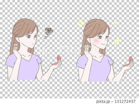 コンパクトミラーでメイクをする女性のイラストセット 131272437