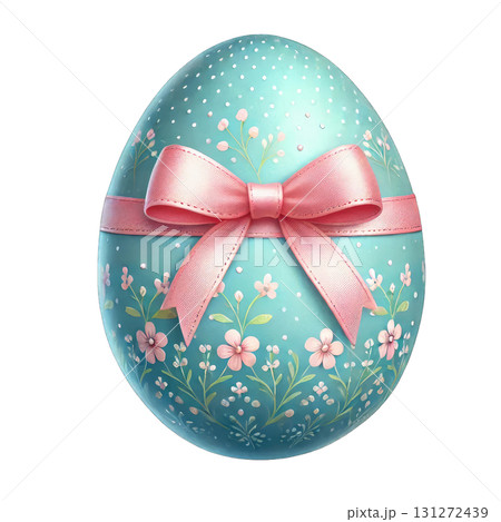 A beautifully decorated Easter egg featuring floral patterns and a pink ribbon. 131272439