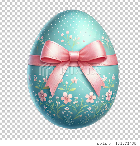 A beautifully decorated Easter egg featuring floral patterns and a pink ribbon. 131272439