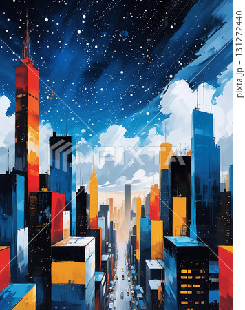 The electric energy of a futuristic metropolis at night. The vibrant cityscape, with its colorful reflections, pulses with light and movement under a magical starry sky. 131272440