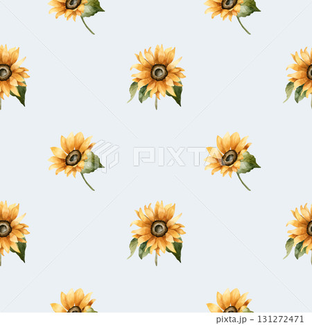 Sunflower Autumn garden yellow flowers. Watercolor hand painted floral seamless pattern on blue background for fall design cozy prints cute home kitchen table textile fabric wrapping paper wallpaper 131272471