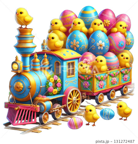 A whimsical train adorned with colorful eggs and cheerful chicks for festive celebrations. 131272487