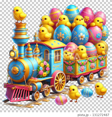 A whimsical train adorned with colorful eggs and cheerful chicks for festive celebrations. 131272487