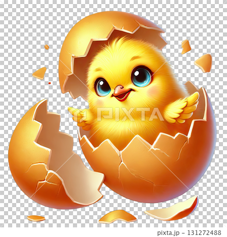 A cute chick hatching from its egg, symbolizing new beginnings and innocence. 131272488