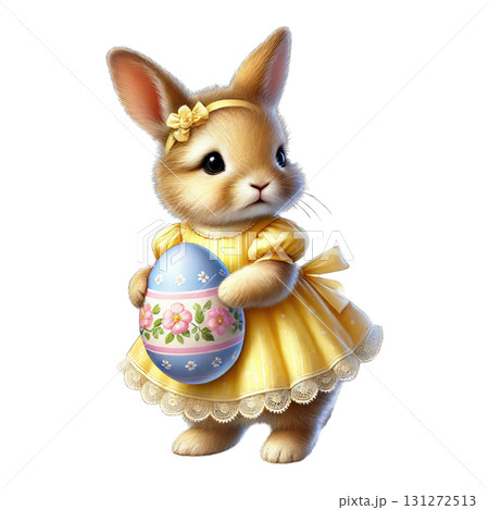 Cute bunny in a yellow dress holding a pastel egg for Easter celebrations. 131272513