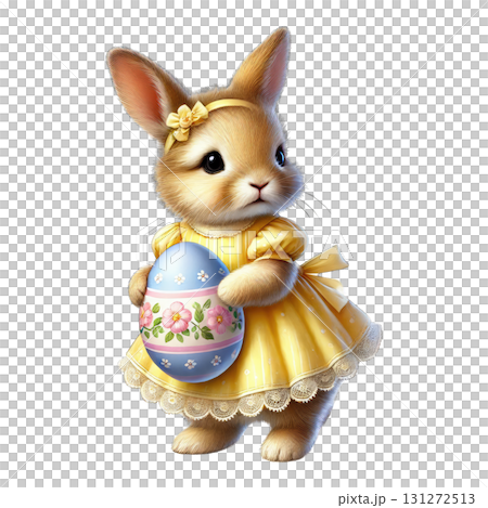 Cute bunny in a yellow dress holding a pastel egg for Easter celebrations. 131272513