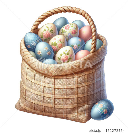 Colorful decorated eggs in a woven basket for Easter celebration. 131272534