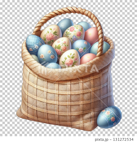 Colorful decorated eggs in a woven basket for Easter celebration. 131272534