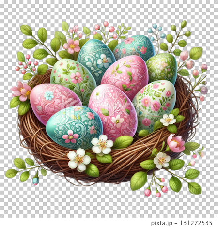 Colorful decorative Easter eggs in a nest surrounded by blooming flowers. 131272535