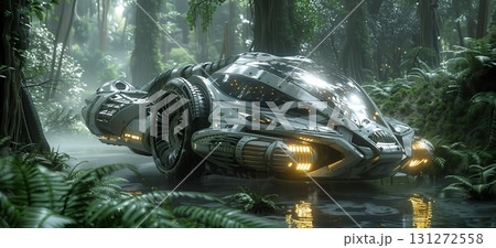 Futuristic vehicle navigating through a vibrant, lush jungle environment. Futuristic vehicle navigating through a vibrant, lush jungle environment. 131272558