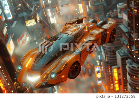 Futuristic vehicle soaring over a neon-lit cityscape at night. Futuristic vehicle soaring over a neon-lit cityscape at night. 131272559