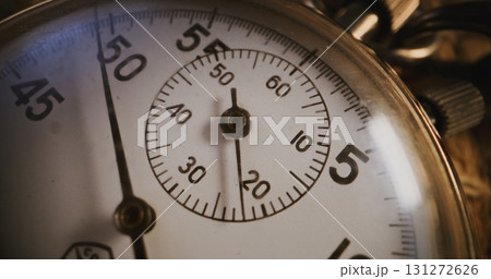 Macro Close Up Shot of Mechanical Stopwatch with Metallic Case and Clear Dial Macro Close Up Shot of Mechanical Stopwatch with Metallic Case and Clear Dial 131272626
