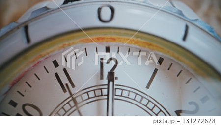 Macro Close Up Shot of Detailed Dial with Bold Black Numbers on Vintage Clock. Time Lapse 131272628