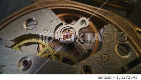 Macro Close Up Shot of Watch Mechanism with Moving Gears and Balance Wheel Macro Close Up Shot of Watch Mechanism with Moving Gears and Balance Wheel 131272643