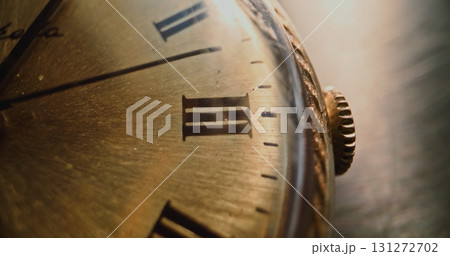 Macro Close Up Shot of Antique Pocket Watch with Roman Numerals. Vintage Design 131272702