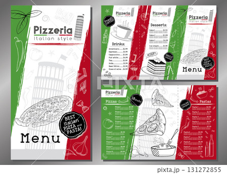 Italian pizza and pasta menu - trifold leaflet template - letter format (8,5 x 11 inches) - vector illustration 131272855