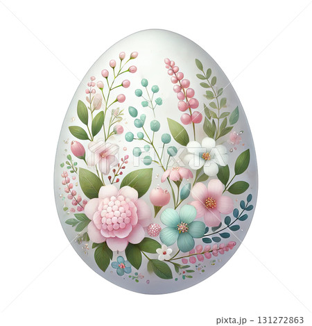 A beautifully decorated egg featuring a floral design with pastel colors. 131272863