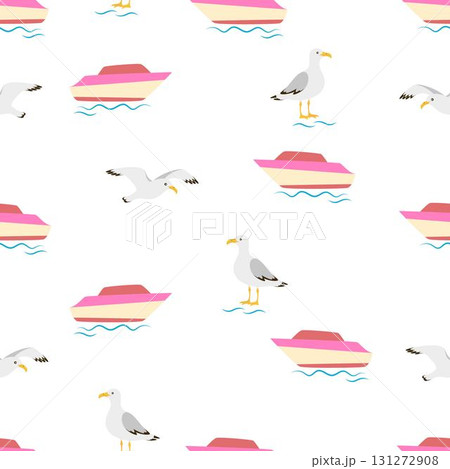 marine pattern with boat and seagulls marine pattern with boat and seagulls 131272908