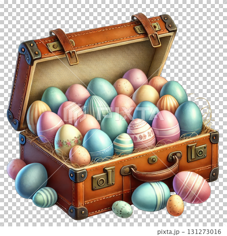 A vintage suitcase filled with colorful decorated Easter eggs. 131273016