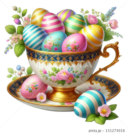 A beautifully decorated tea cup filled with colorful Easter eggs and flowers. 131273018
