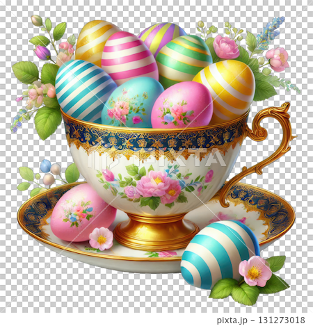 A beautifully decorated tea cup filled with colorful Easter eggs and flowers. 131273018