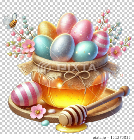 Colorful decorated eggs in honey jar with blossoms and honey dipper. 131273033
