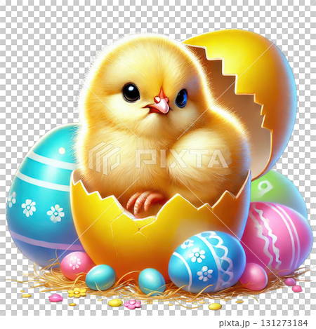 A cute chick emerging from a colorful Easter egg, surrounded by pastel eggs. 131273184