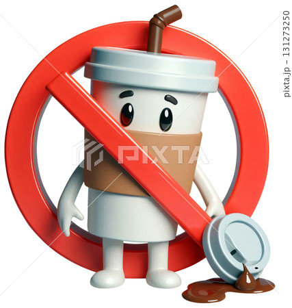Cute prohibition sign, kawaii coffee cup tipping over (No spilling drinks) 131273250