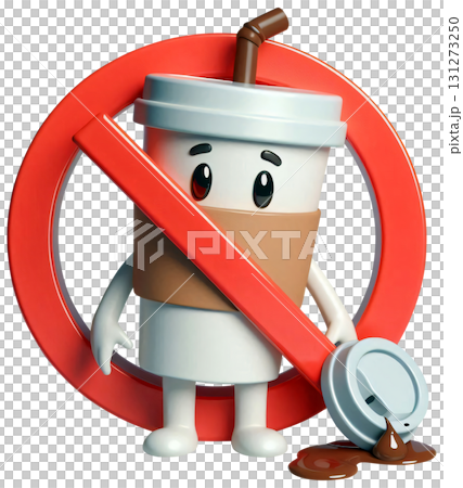 Cute prohibition sign, kawaii coffee cup tipping over (No spilling drinks) 131273250