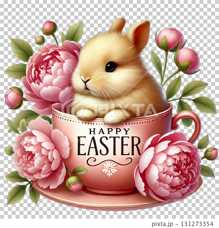 Cute bunny in a floral cup celebrating Easter with colorful peonies. Cute bunny in a floral cup celebrating Easter with colorful peonies. 131273354
