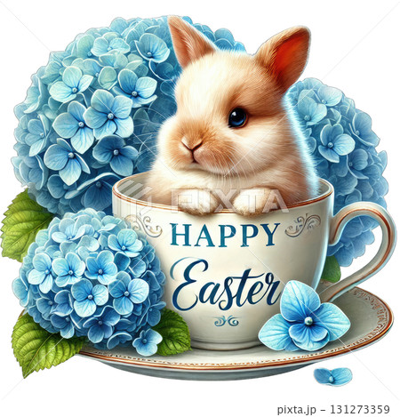 Cute bunny in a cup surrounded by blue hydrangeas for a cheerful Easter celebration. 131273359