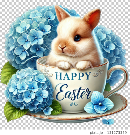 Cute bunny in a cup surrounded by blue hydrangeas for a cheerful Easter celebration. 131273359