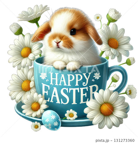 Cute bunny in a cup surrounded by daisies for a cheerful Easter celebration. 131273360