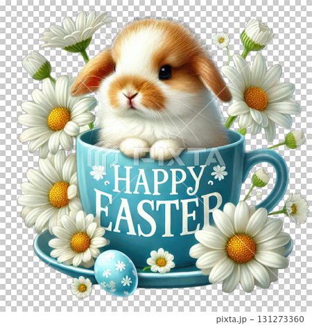 Cute bunny in a cup surrounded by daisies for a cheerful Easter celebration. 131273360