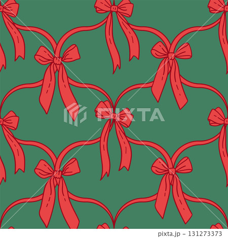 Coquette Christmas seamless checkered pattern with red bows on green background. Composition with vintage bows and handmade ribbons. Contour Pink ribbon on a red background. Vector vintage print. Coquette Christmas seamless checkered pattern with red bows on green background. Composition with vintage bows and handmade ribbons. Contour Pink ribbon on a red background. Vector vintage print. 131273373