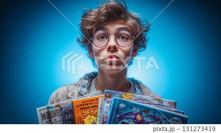 Student holds a stack of colorful books while looking thoughtfully into the distance in an indoor setting Student holds a stack of colorful books while looking thoughtfully into the distance in an indoor setting 131273419