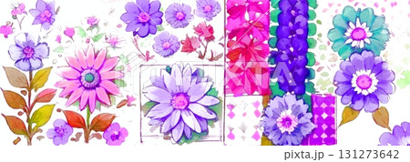 背景素材　シームレスパターン　水彩画風イラスト　花柄　レトロテイスト　紫　ピンク 131273642