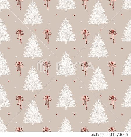 Vintage vector pattern with a Christmas tree and bows. New Years white pine trees and red bows on a pastel beige background. Retro Christmas pattern. Vintage Christmas. Vector graphic illustration Vintage vector pattern with a Christmas tree and bows. New Years white pine trees and red bows on a pastel beige background. Retro Christmas pattern. Vintage Christmas. Vector graphic illustration 131273666