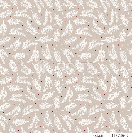 Beige winter pattern with white fir branches and berries. A natural Christmas seamless pattern. Suitable for backgrounds, wallpaper, clothing, packaging, and fabric. Vector pastel graphic illustration Beige winter pattern with white fir branches and berries. A natural Christmas seamless pattern. Suitable for backgrounds, wallpaper, clothing, packaging, and fabric. Vector pastel graphic illustration 131273667