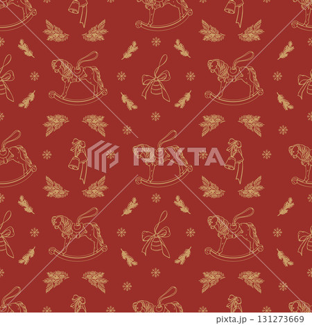 Retro style seamless background, Christmas and New Years wrapping paper. Vintage pattern with Christmas decorations, a rocking horse, bells, and fir branches. Vector wallpaper in gold on a red 131273669