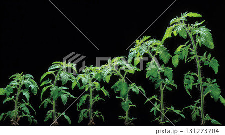 Progression of tomato plants in various growth stages, showcasing vibrant green leaves and healthy stems against a black background, illustrating plant development and growth Progression of tomato plants in various growth stages, showcasing vibrant green leaves and healthy stems against a black background, illustrating plant development and growth 131273704